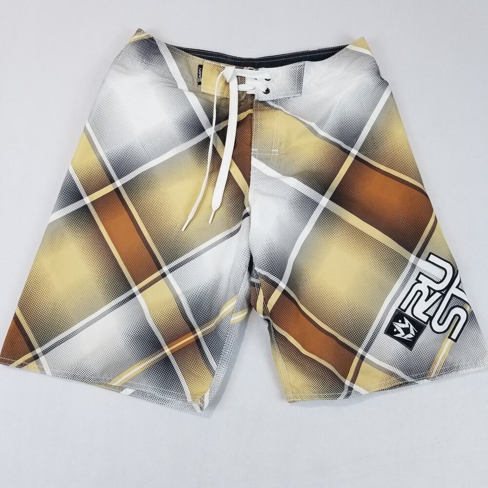 Rusty Board Shorts Mens 30 Beige Brown Plaid Swim Trunks Surf Beach Y2K